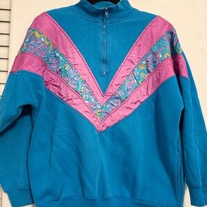 Vintage Vibrant Blue and Pink Women's Zip-Up Sweater